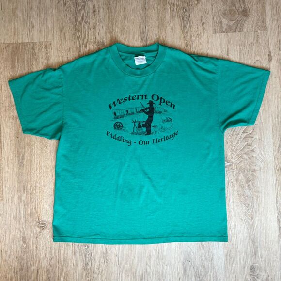 Mad Enterprises Graphic T-Shirt Western Open Green XL USA Vintage Magazine Tee - Picture 1 of 6